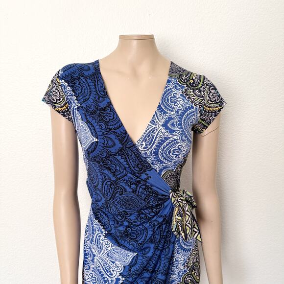 [Cache] Blue Brown Faux Wrap V-Neck Paisley Knot Waist Dress Work Size Small S - Picture 3 of 10